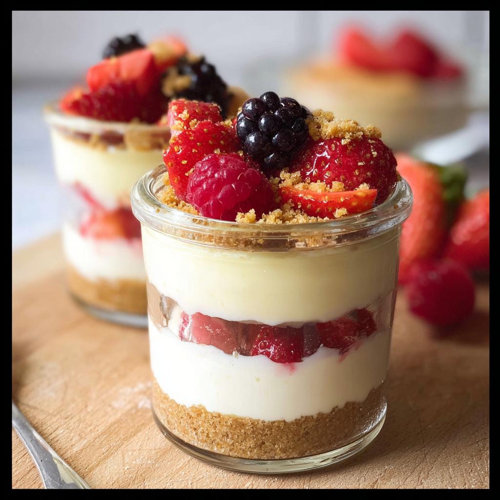 Close-up of a High Protein Cheesecake Jar layered with graham cracker crust, cream cheese filling, fresh berries, and topped with more berries and crumble.