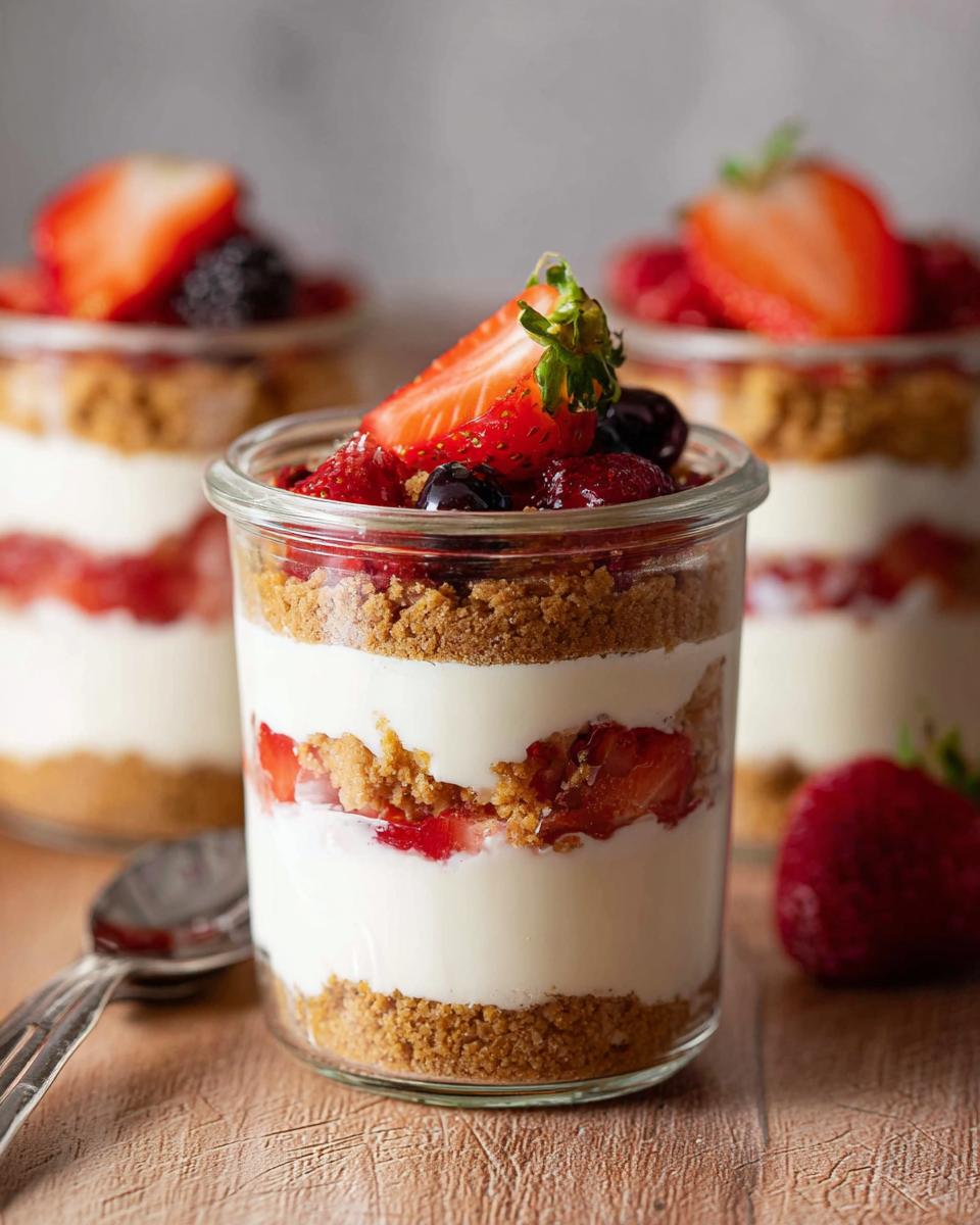 Close-up of a High Protein Cheesecake Jar layered with creamy filling, berry compote, and cookie crumble, topped with fresh strawberries and blueberries.