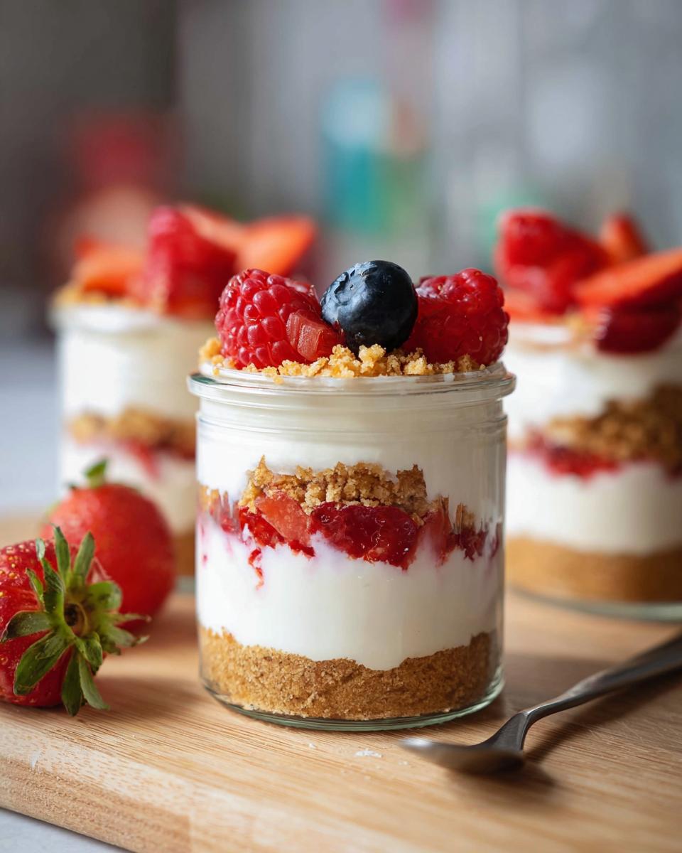 Close-up of a High Protein Cheesecake Jar layered with graham cracker crust, creamy filling, strawberries, and topped with fresh berries.