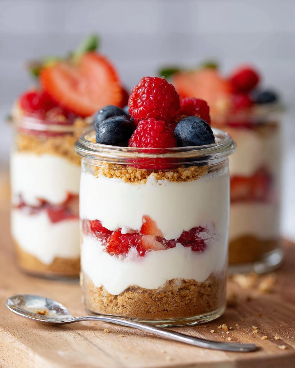 Close-up of layered High Protein Cheesecake Jars filled with cream, strawberries, and topped with fresh raspberries and blueberries.