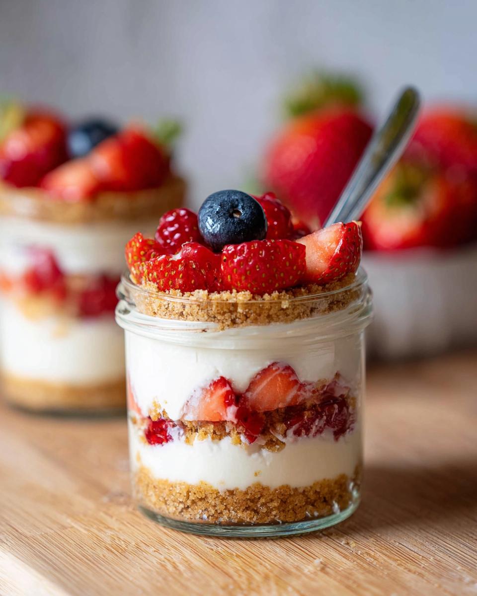 Close-up of a high protein cheesecake jar layered with graham cracker crumbs, creamy filling, and fresh strawberries and blueberries.