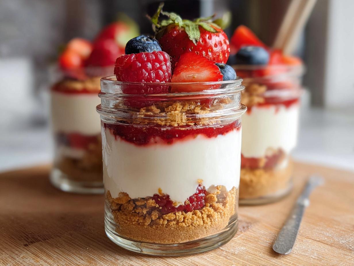 Close-up of a High Protein Cheesecake Jar layered with crumble, cream filling, and topped with fresh strawberries, raspberries, and blueberries.