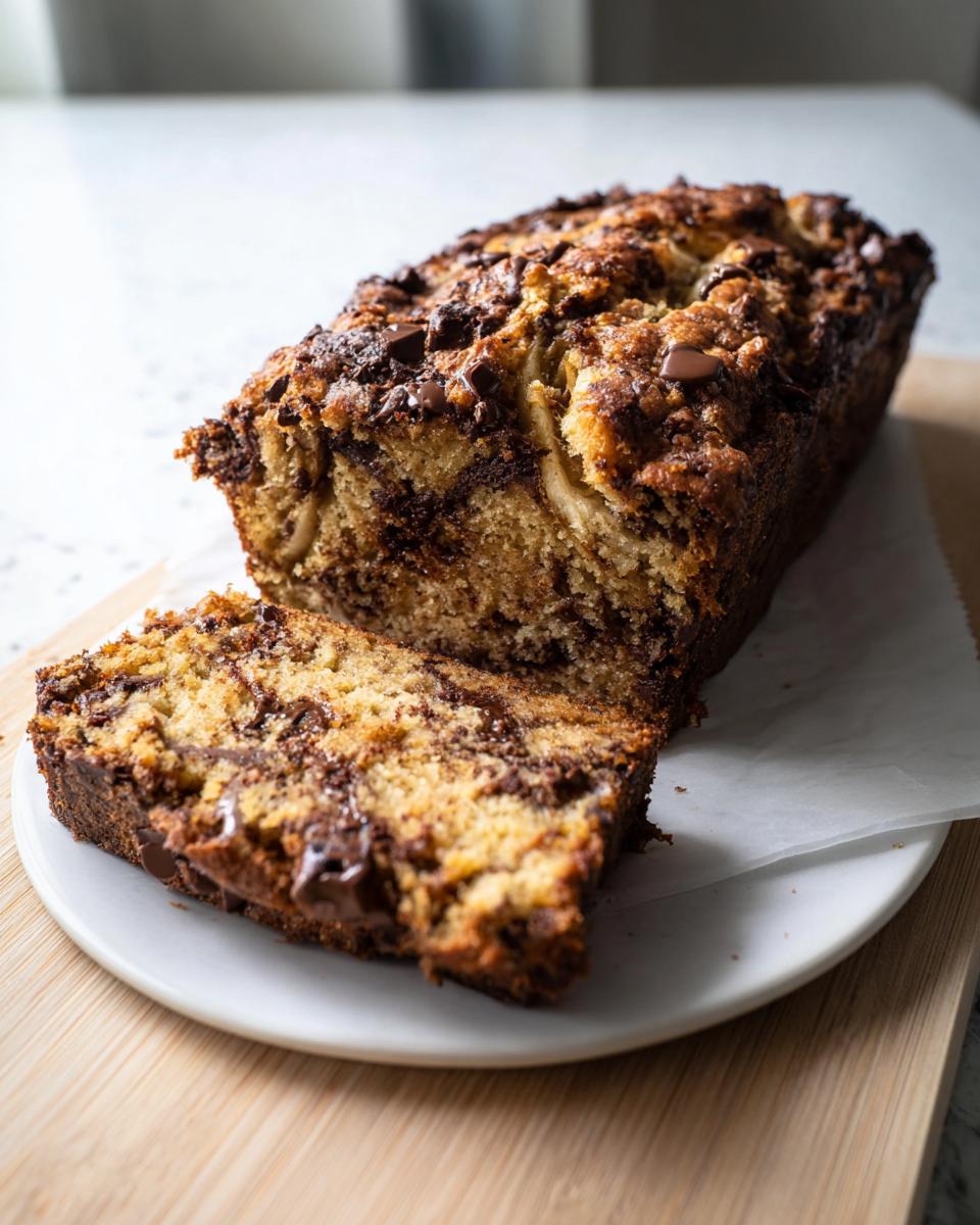 A sliced loaf of High Protein Chocolate Banana Bread, showing rich chocolate swirls and banana chunks.