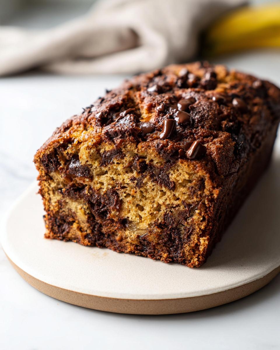 A delicious loaf of High Protein Chocolate Banana Bread, studded with chocolate chips.