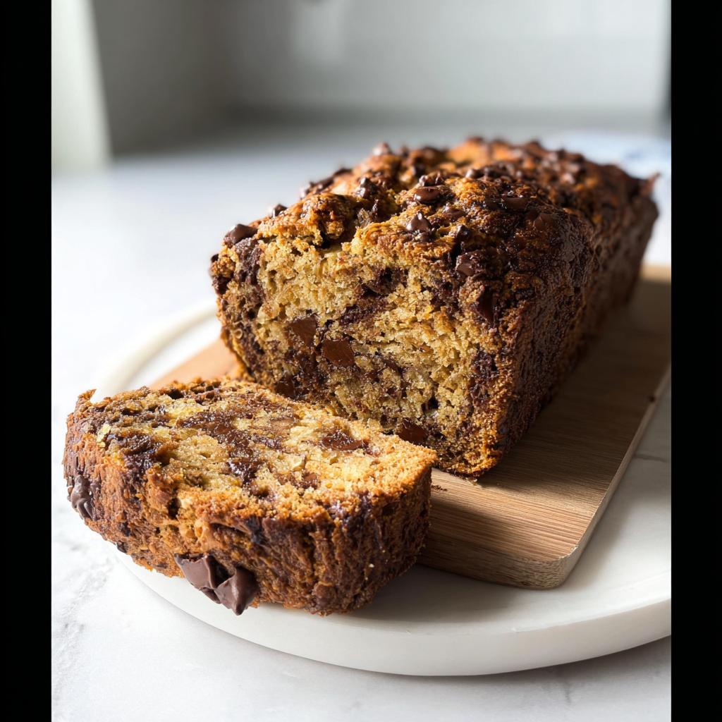 A slice of High Protein Chocolate Banana Bread with visible chocolate chips on a white plate.