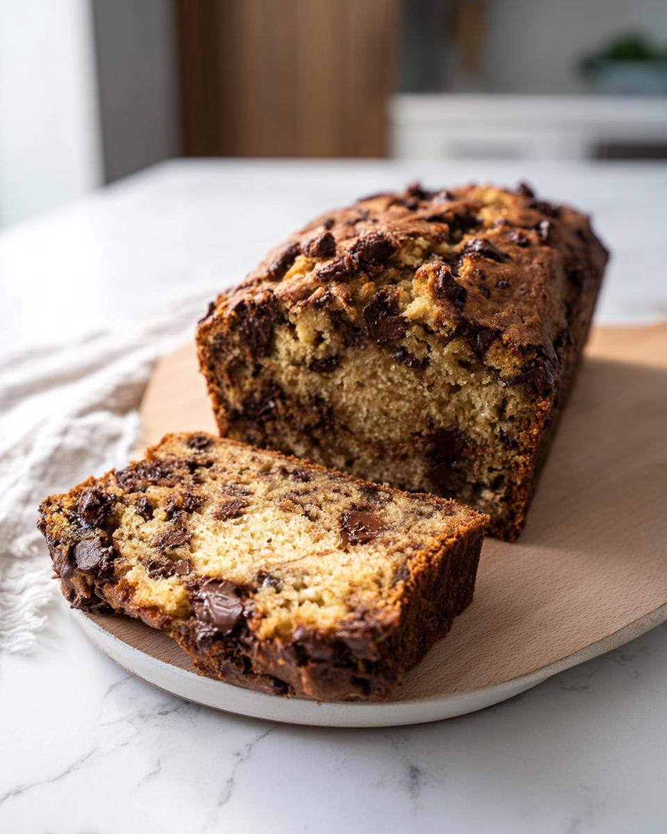 A slice of High Protein Chocolate Banana Bread on a plate, showcasing chocolate chips and banana texture.