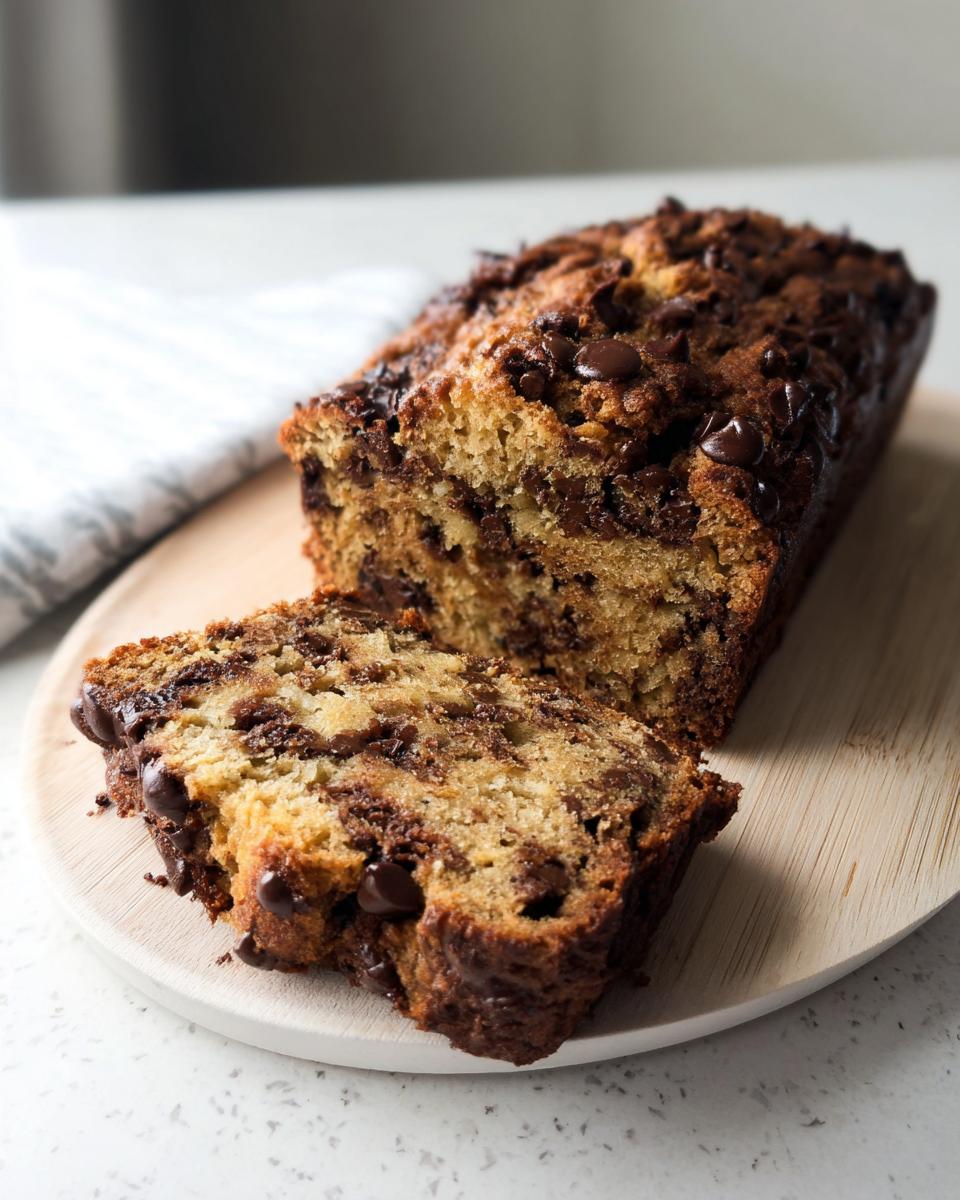 A close-up view of a slice of High Protein Chocolate Banana Bread, showcasing chocolate chips and moist texture.