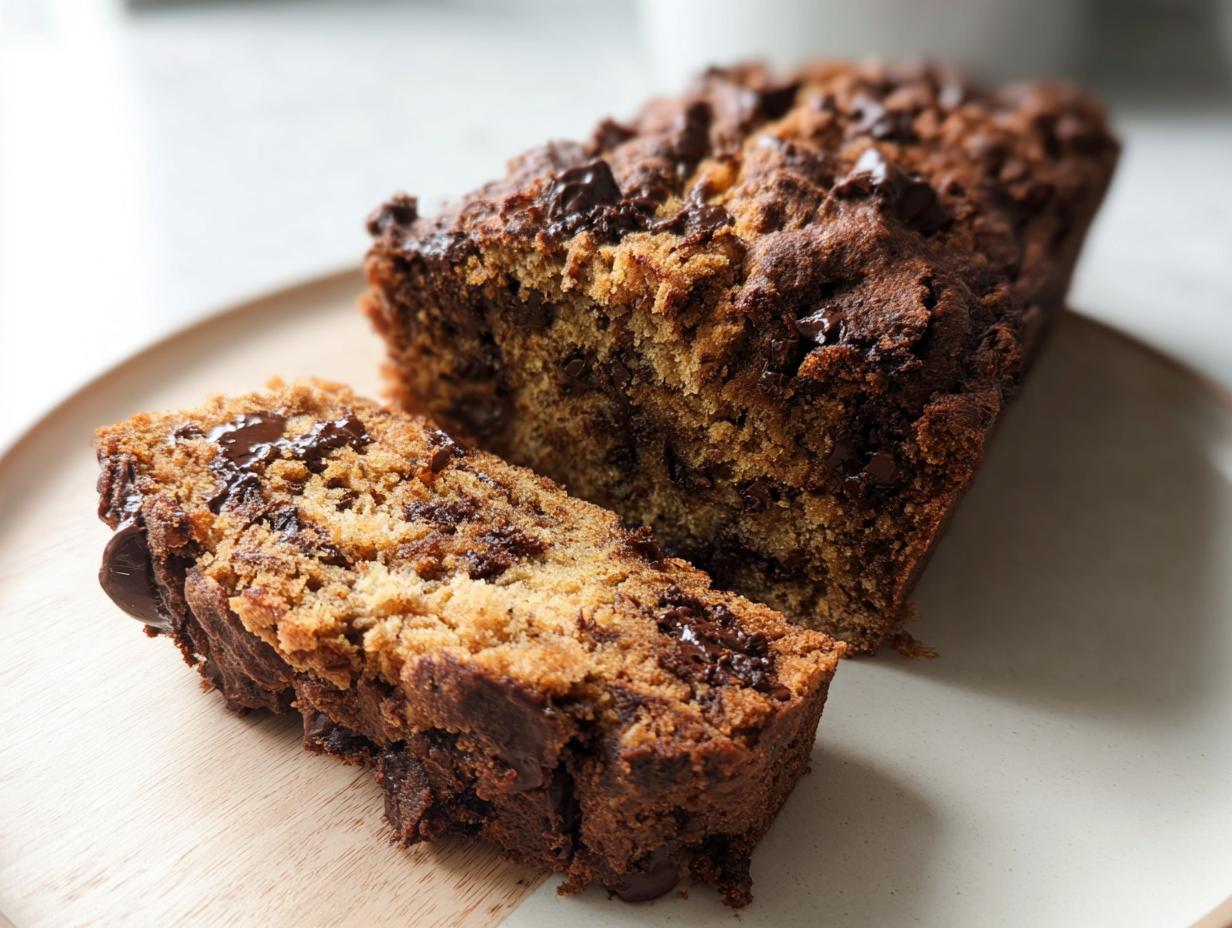 A close-up of a slice of High Protein Chocolate Banana Bread, showing rich chocolate chips and moist texture.