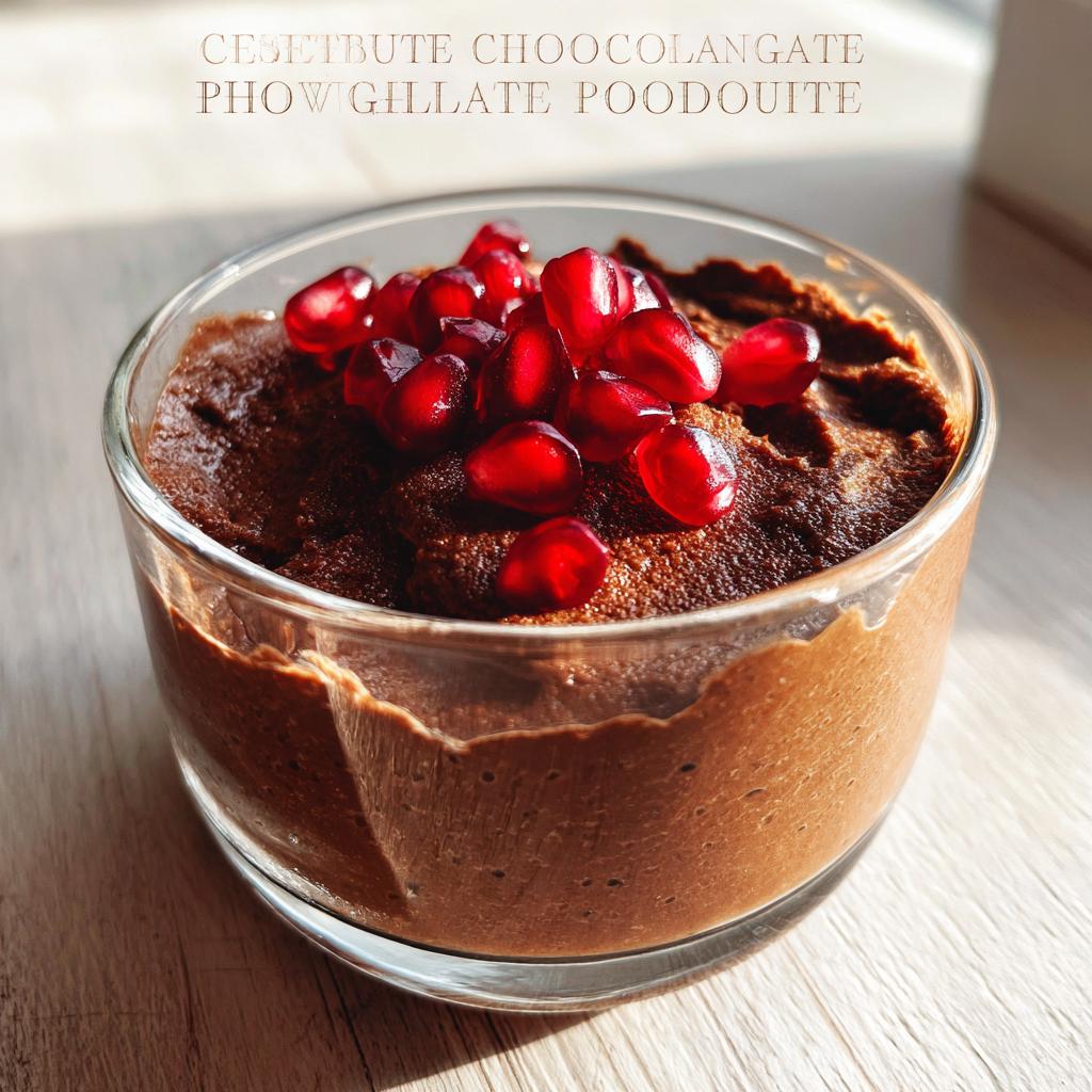 A close-up of a glass bowl filled with rich High Protein Chocolate Pudding, topped with vibrant pomegranate seeds.