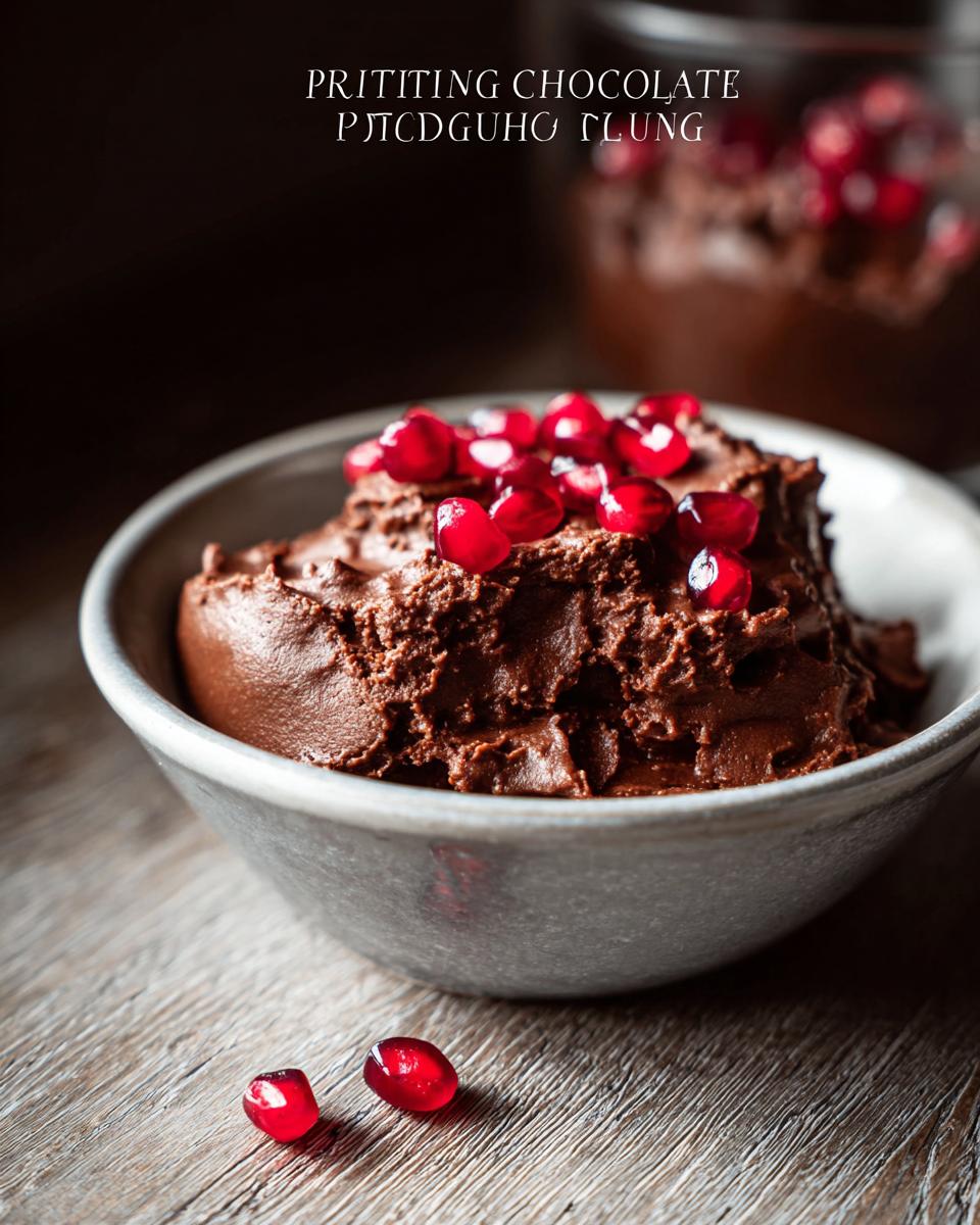A bowl of rich, dark chocolate pudding topped with vibrant pomegranate seeds, a perfect High Protein Chocolate Pudding.