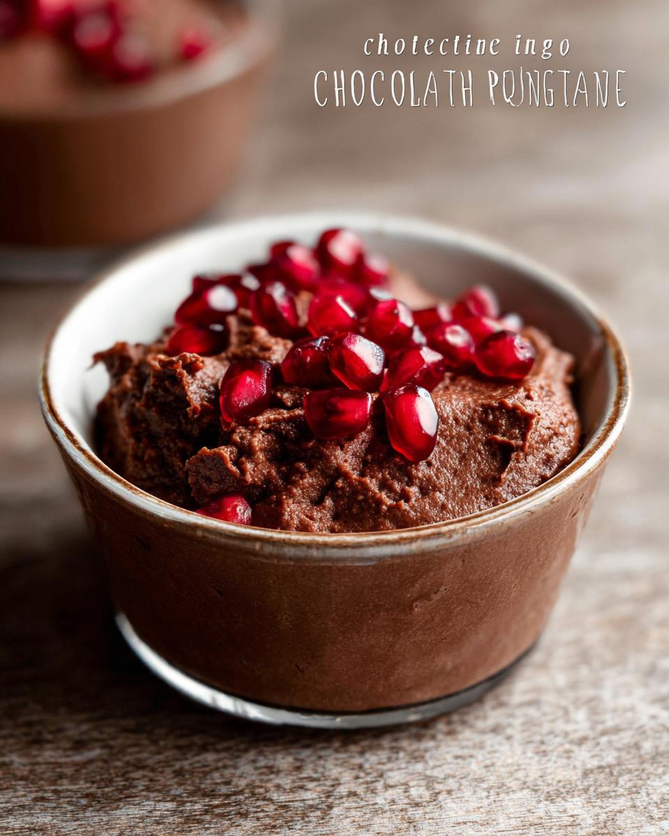 A bowl of rich High Protein Chocolate Pudding topped with fresh pomegranate seeds.