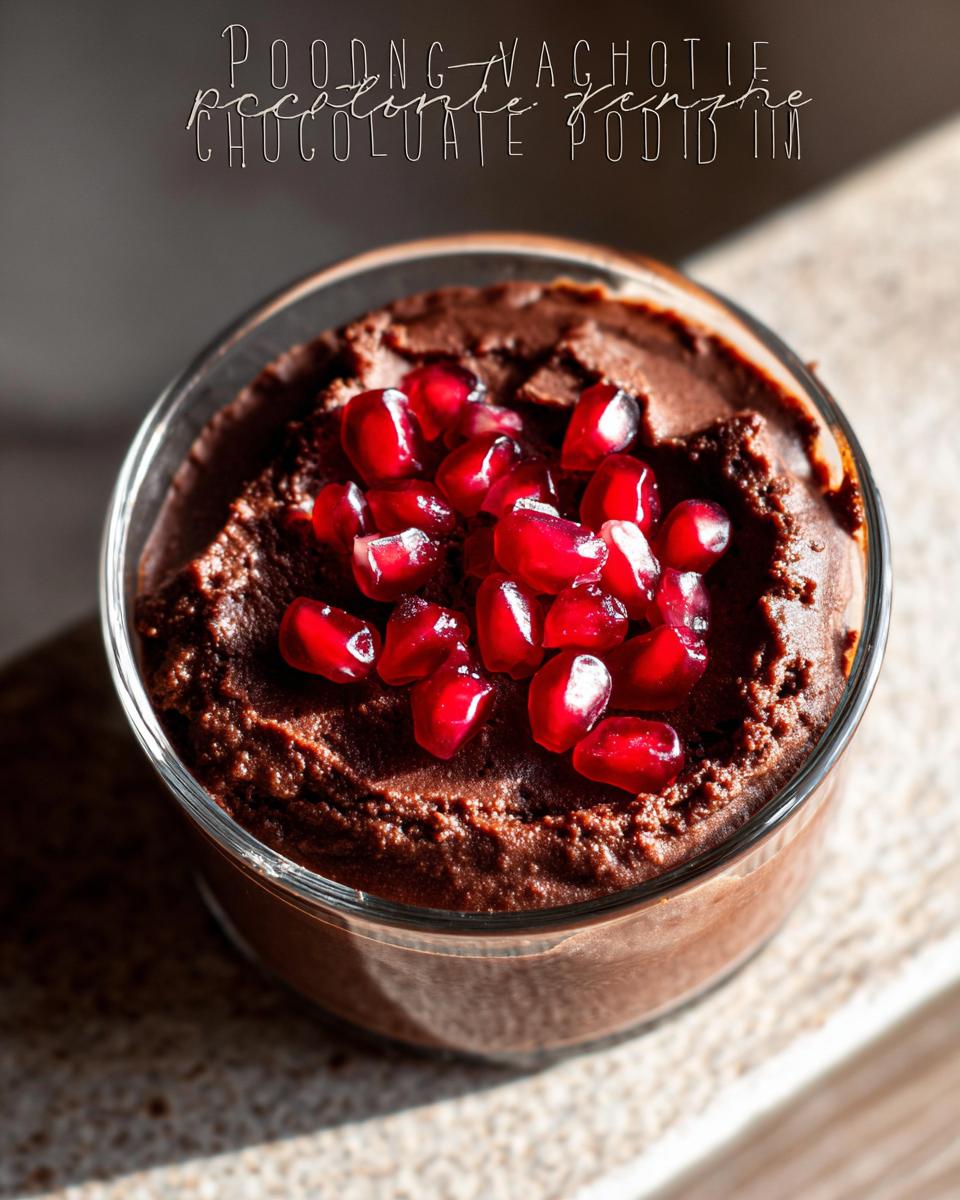 A close-up of a glass bowl filled with rich High Protein Chocolate Pudding, topped with fresh pomegranate seeds.