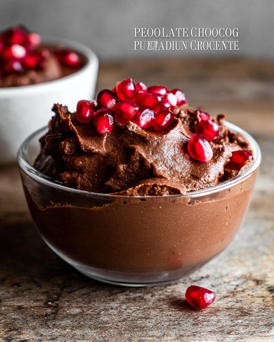 A close-up of a rich High Protein Chocolate Pudding topped with fresh pomegranate seeds in a glass bowl.