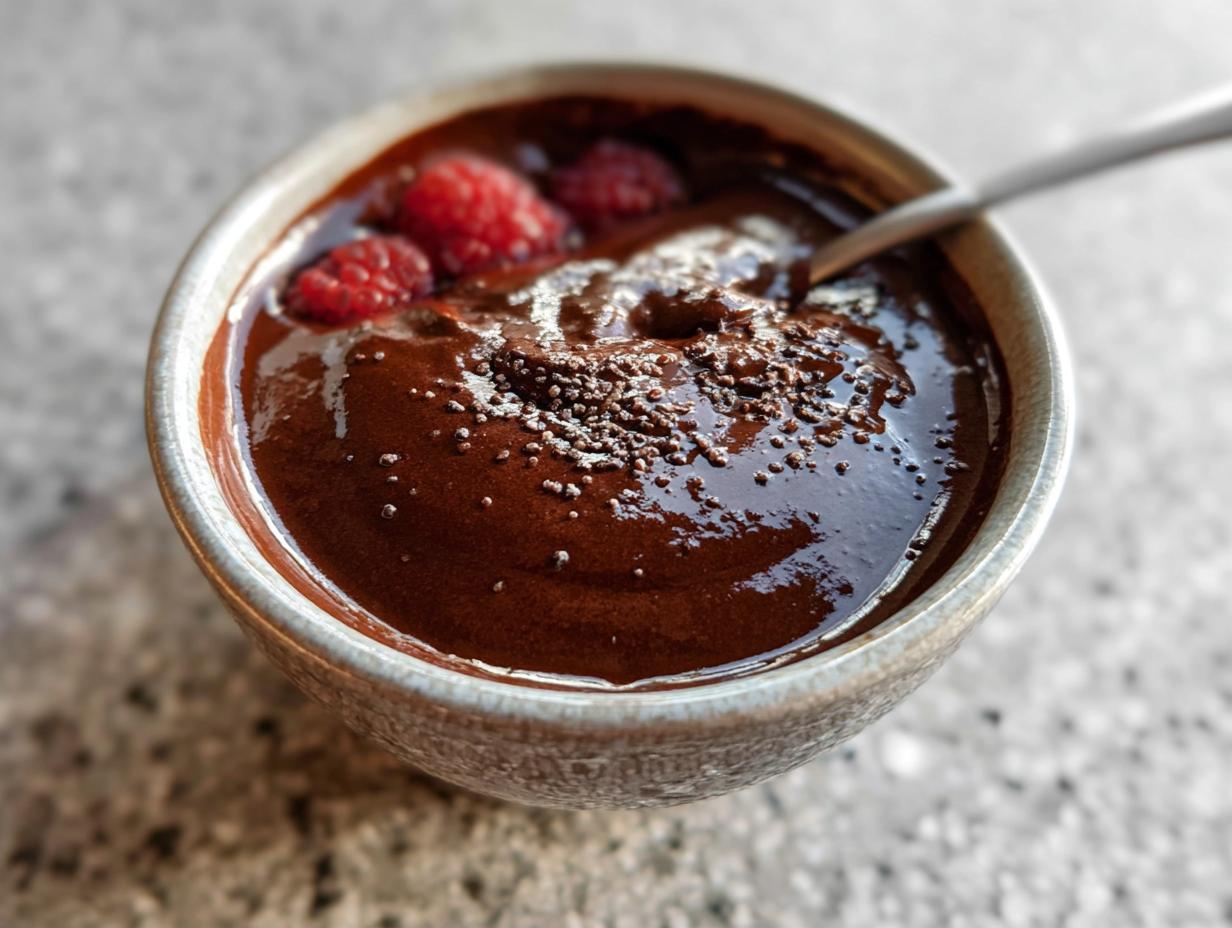 A close-up of a bowl of rich High Protein Chocolate Pudding topped with fresh raspberries and chocolate sprinkles.