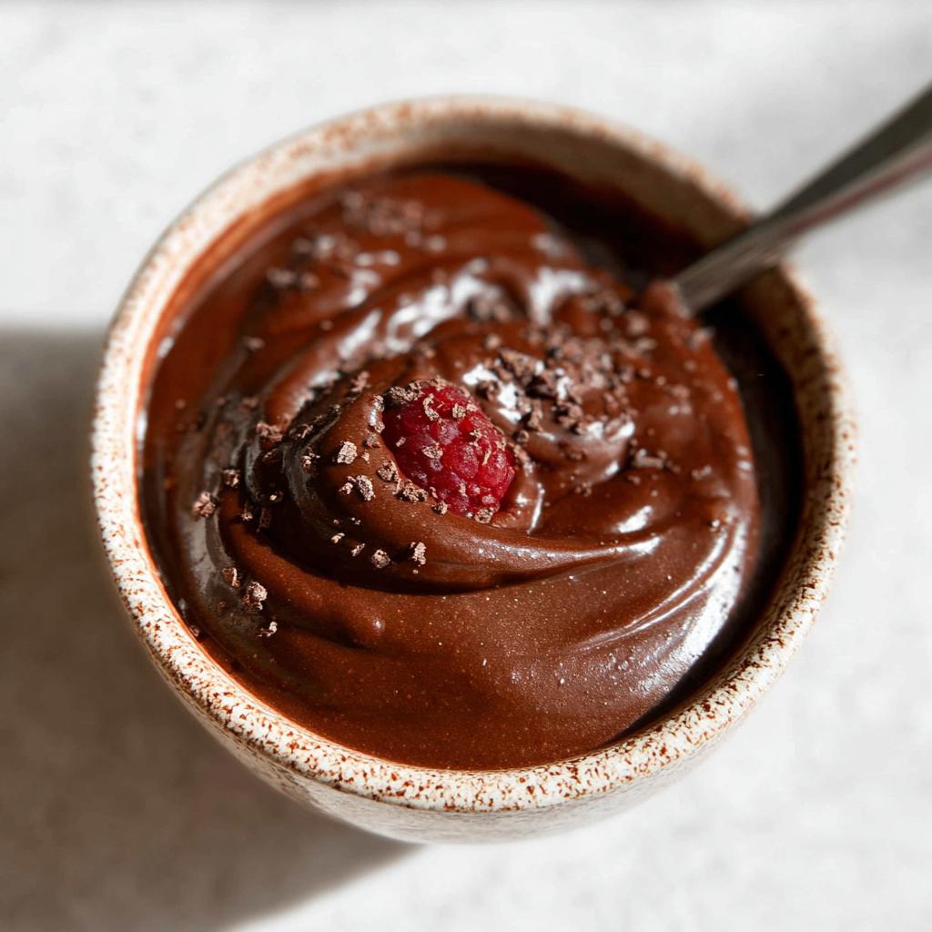 A close-up of creamy High Protein Chocolate Pudding topped with a fresh raspberry and chocolate shavings.