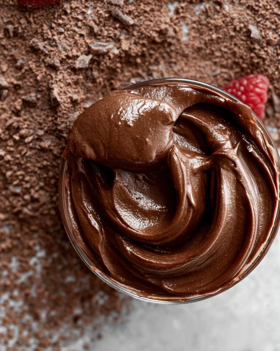 Close-up swirl of rich, decadent High Protein Chocolate Pudding in a glass, with cocoa powder and a raspberry.