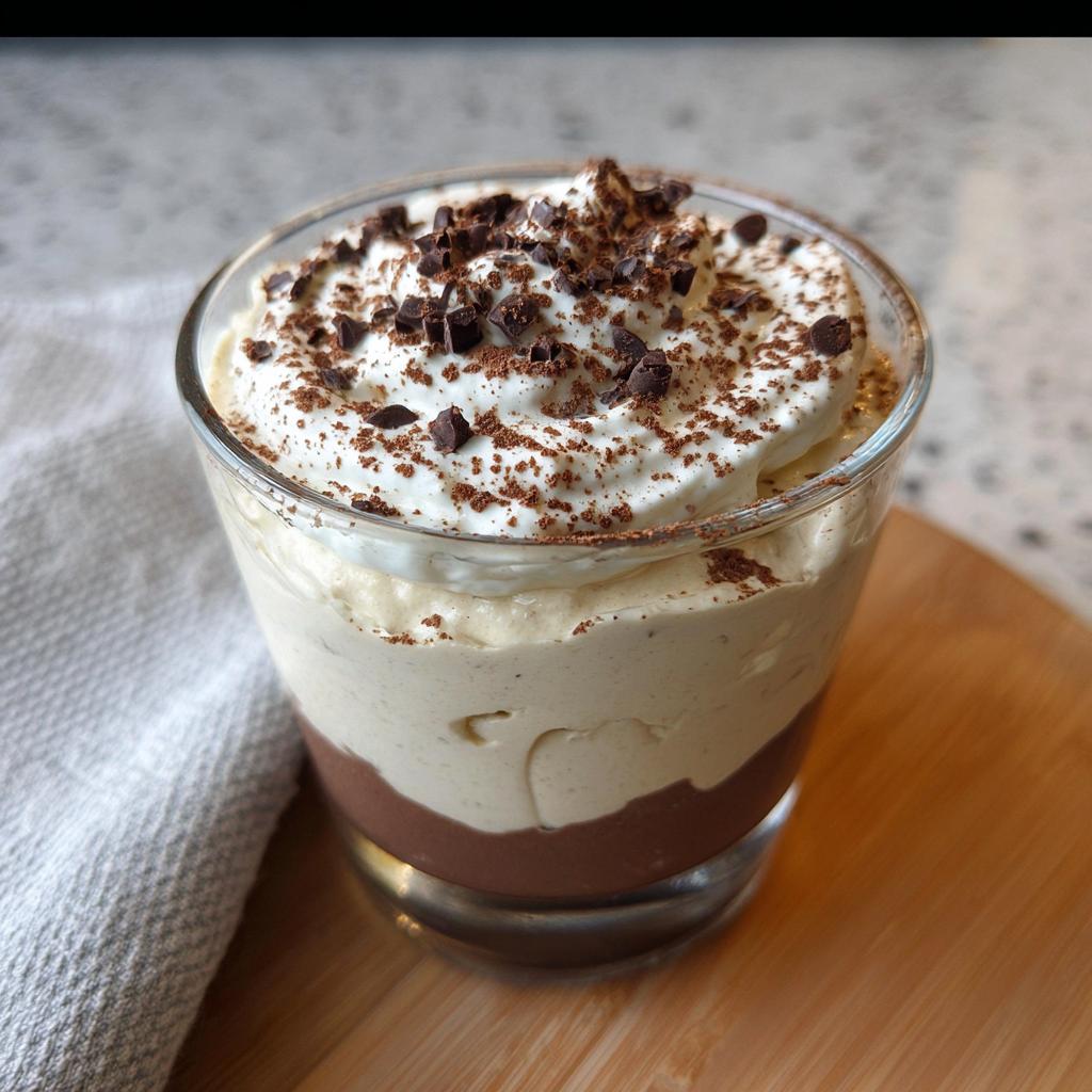 A delicious High-Protein Cottage Cheese Peanut Butter Mousse topped with whipped cream and chocolate shavings.