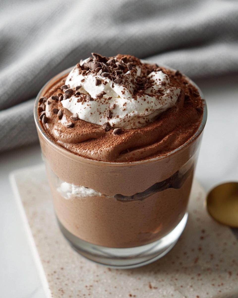 A decadent High-Protein Cottage Cheese Peanut Butter Mousse topped with whipped cream and chocolate shavings.