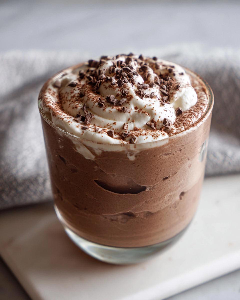 A decadent serving of High-Protein Cottage Cheese Peanut Butter Mousse topped with whipped cream and chocolate shavings.