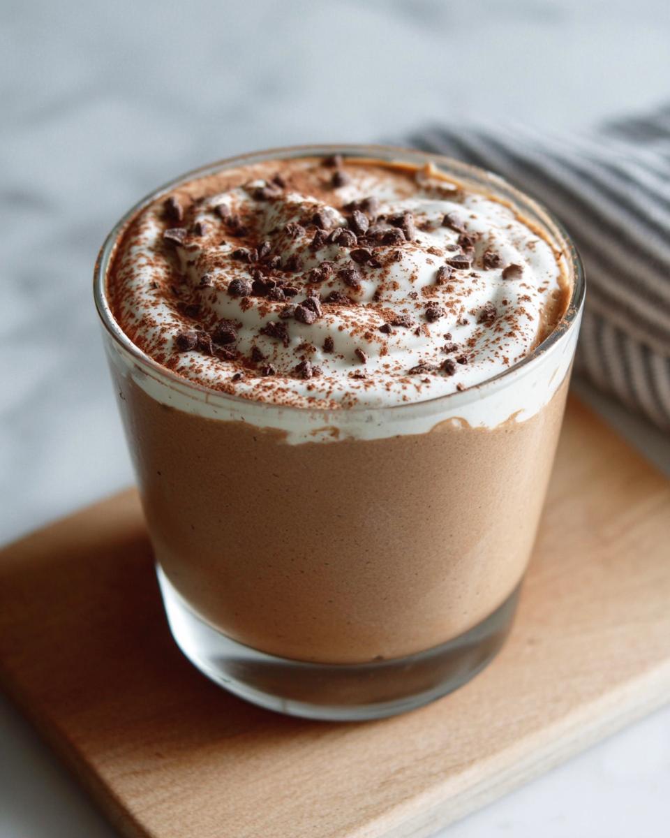 A glass of High-Protein Cottage Cheese Peanut Butter Mousse topped with whipped cream and chocolate shavings.