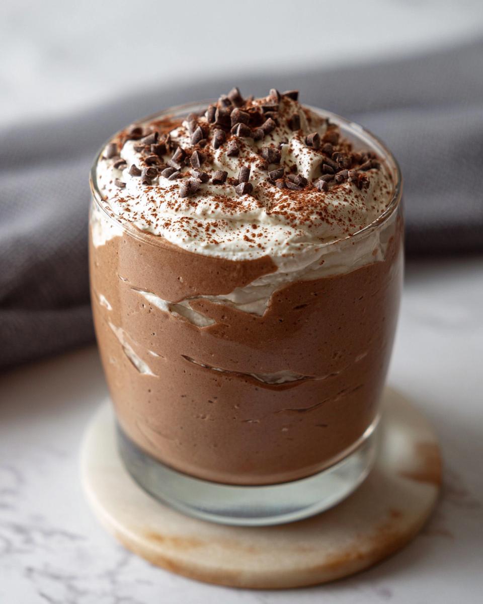 A decadent serving of High-Protein Cottage Cheese Peanut Butter Mousse, topped with whipped cream and chocolate shavings.