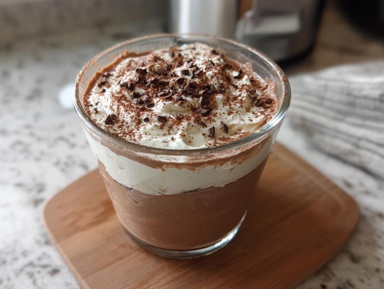 A decadent serving of High-Protein Cottage Cheese Peanut Butter Mousse topped with whipped cream and chocolate shavings.