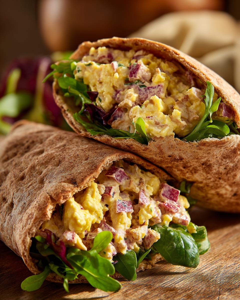Close-up of a whole wheat pita stuffed with creamy egg salad, red onion, and fresh greens.
