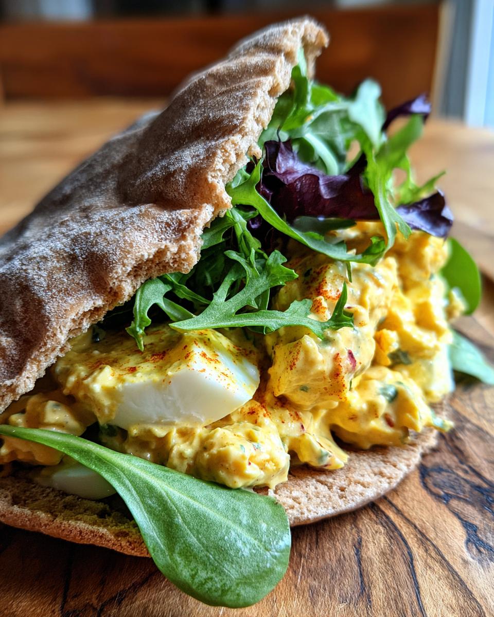 Close-up of a whole wheat pita pocket stuffed with creamy egg salad and fresh greens. Healthy lunch idea.