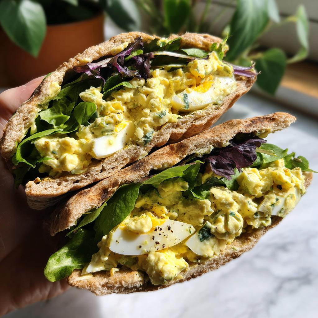 Two halves of a whole wheat pita stuffed with creamy egg salad and fresh greens, a perfect healthy lunch idea.