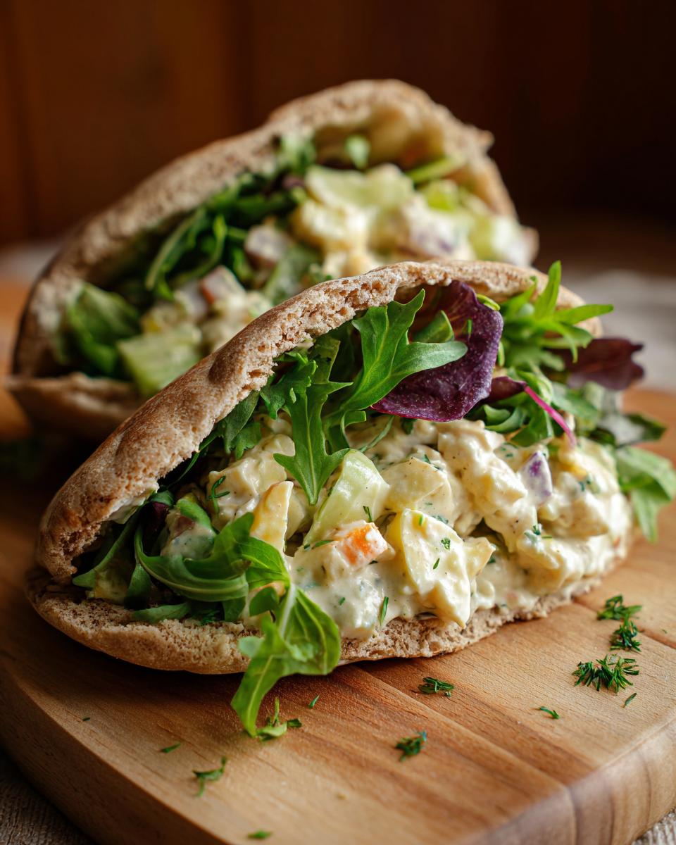 Two whole wheat pitas stuffed with creamy egg salad, fresh greens, and cucumber. Healthy lunch ideas.
