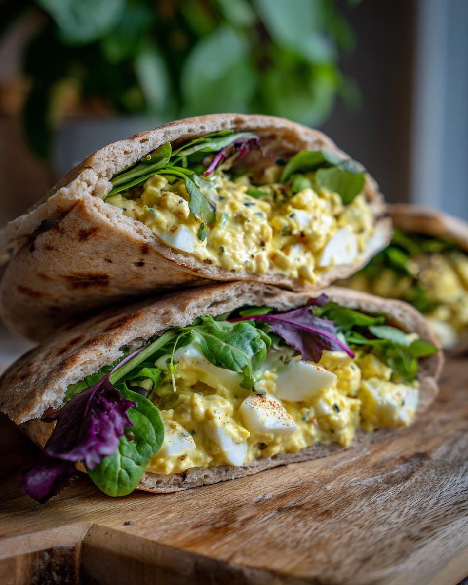 Close-up of two whole wheat pitas stuffed with creamy egg salad and fresh greens. Healthy lunch idea.