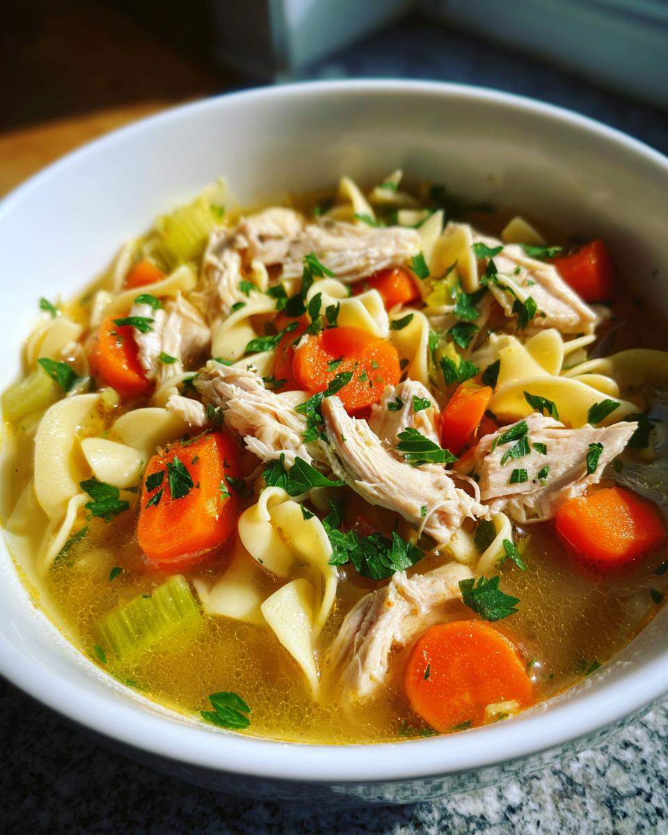 A comforting bowl of homemade chicken noodle soup with egg noodles, shredded chicken, carrots, celery, and parsley.