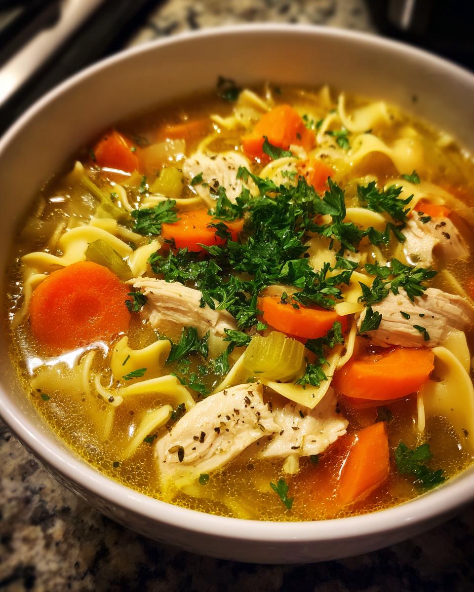A close-up of a steaming bowl of homemade chicken noodle soup, featuring tender chicken, carrots, celery, and noodles, garnished with fresh parsley.