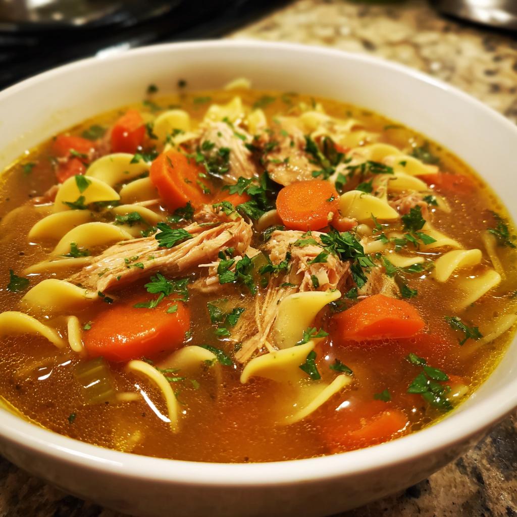 A close-up of a steaming bowl of homemade chicken noodle soup, featuring noodles, shredded chicken, carrots, and parsley.