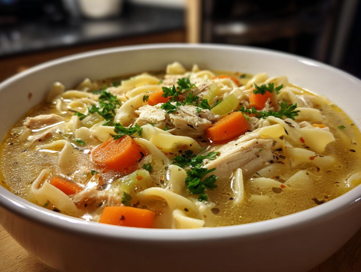 A comforting bowl of homemade chicken noodle soup with wide noodles, shredded chicken, carrots, and parsley.