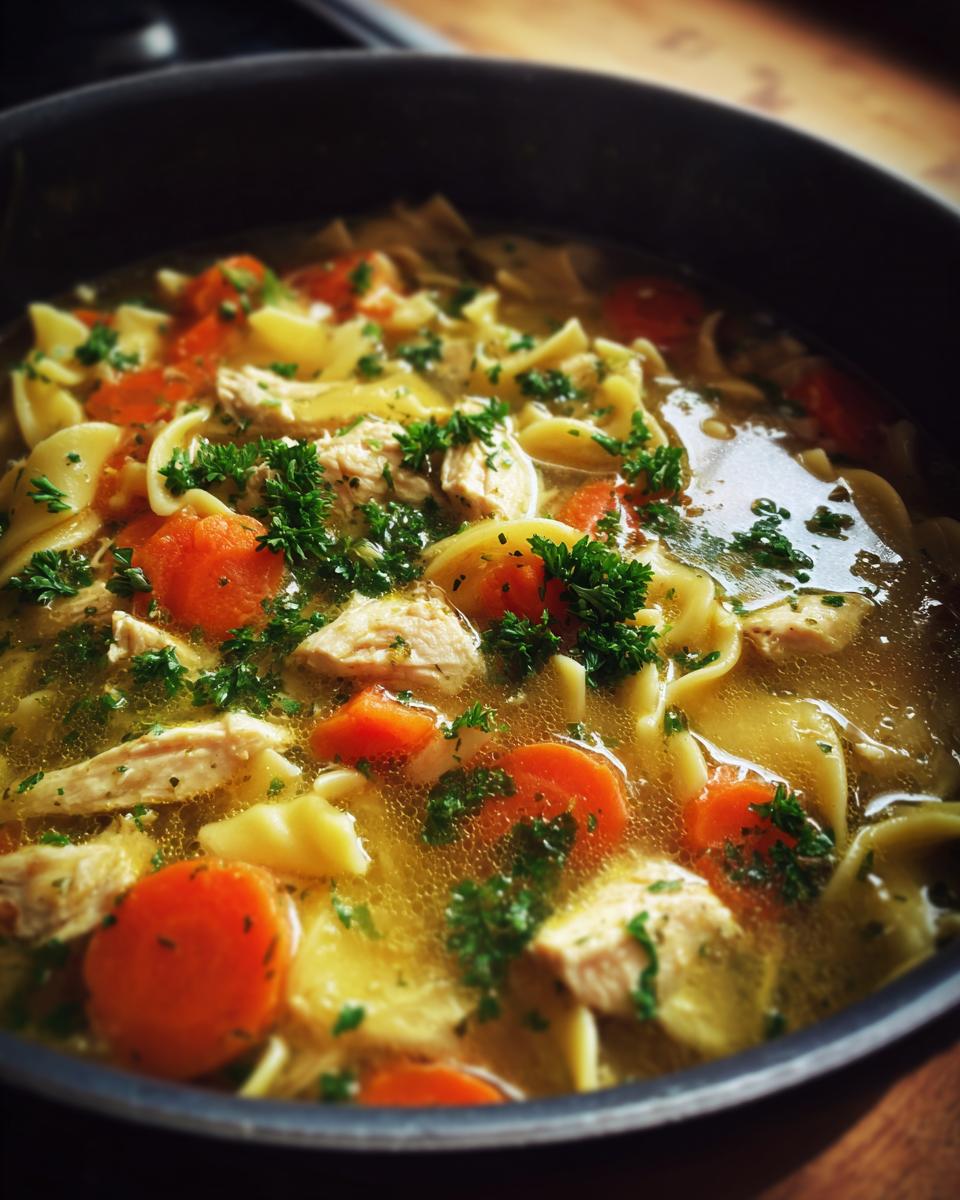 A close-up view of a pot of homemade chicken noodle soup, featuring noodles, chicken, carrots, and parsley.