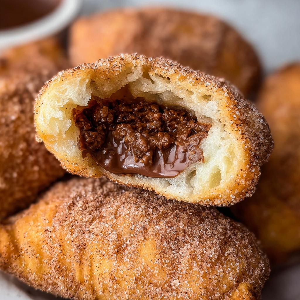 A close-up of a homemade churro bite, split open to reveal a rich Nutella filling.