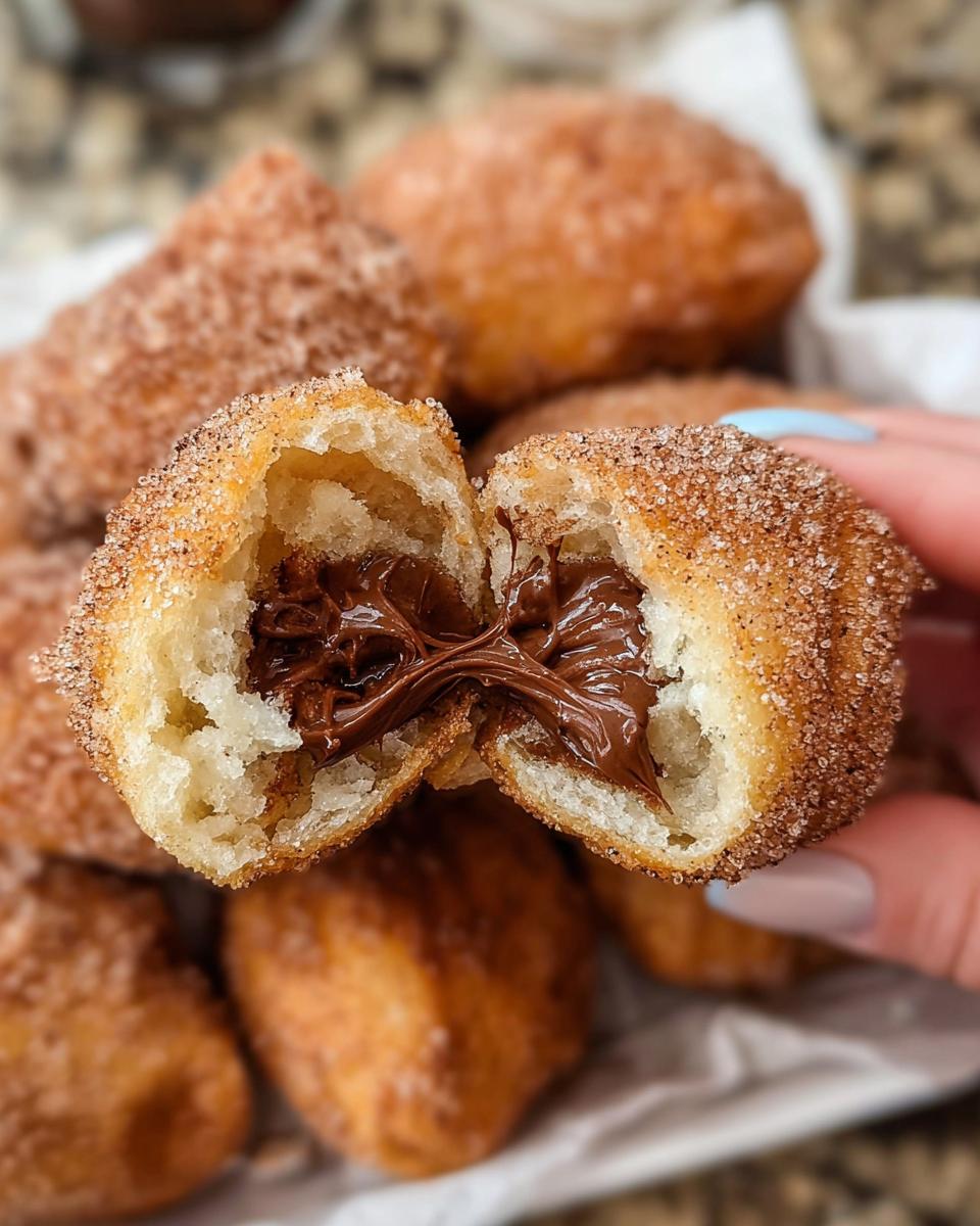 Close-up of a homemade churro bite split open, revealing a gooey Nutella filling. Surrounded by other churro bites.
