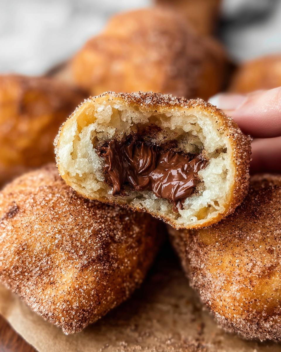 A close-up of a homemade churro bite, cut in half, revealing a gooey Nutella filling. The churro bites are coated in cinnamon sugar.