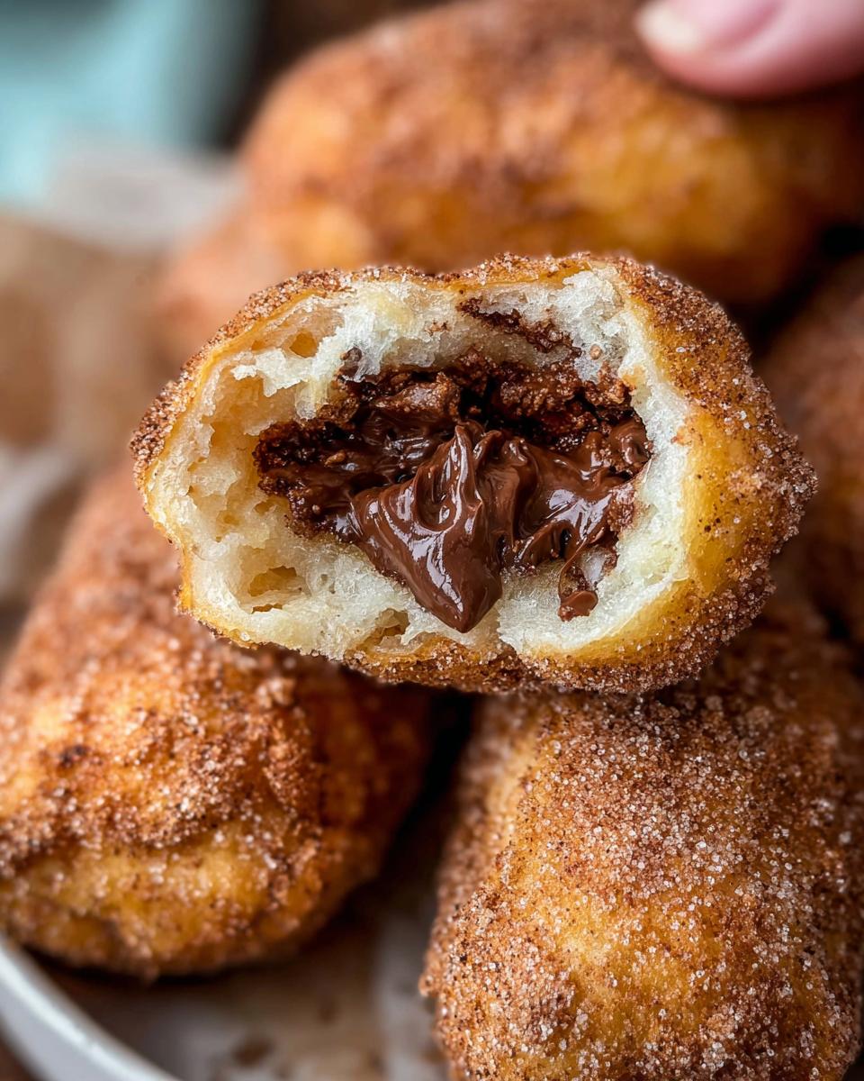 A close-up of a Homemade Churro Bite cut in half, revealing a gooey Nutella filling. Dusted with cinnamon sugar.