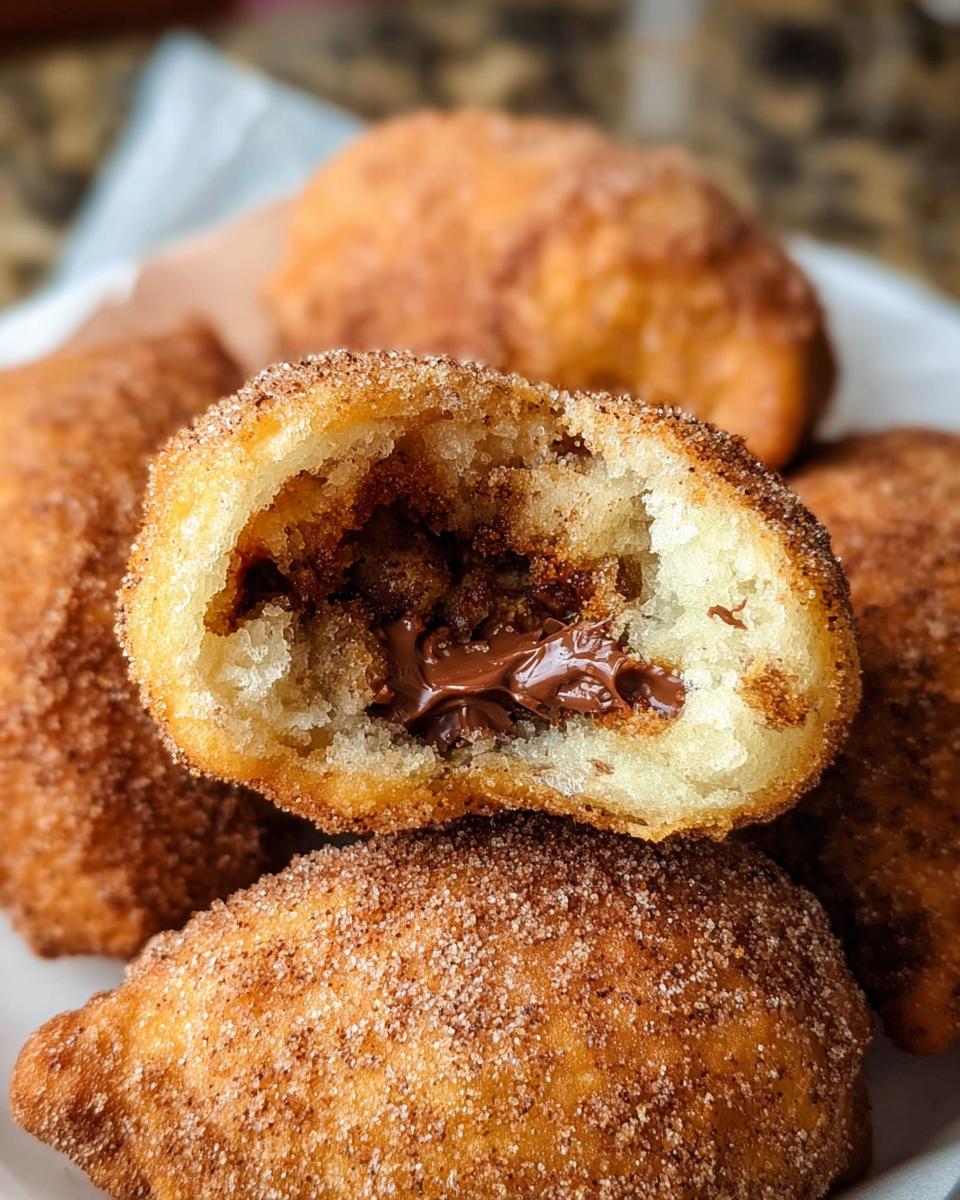 A close-up of a homemade churro bite, cut in half, revealing a gooey Nutella filling, coated in cinnamon sugar.