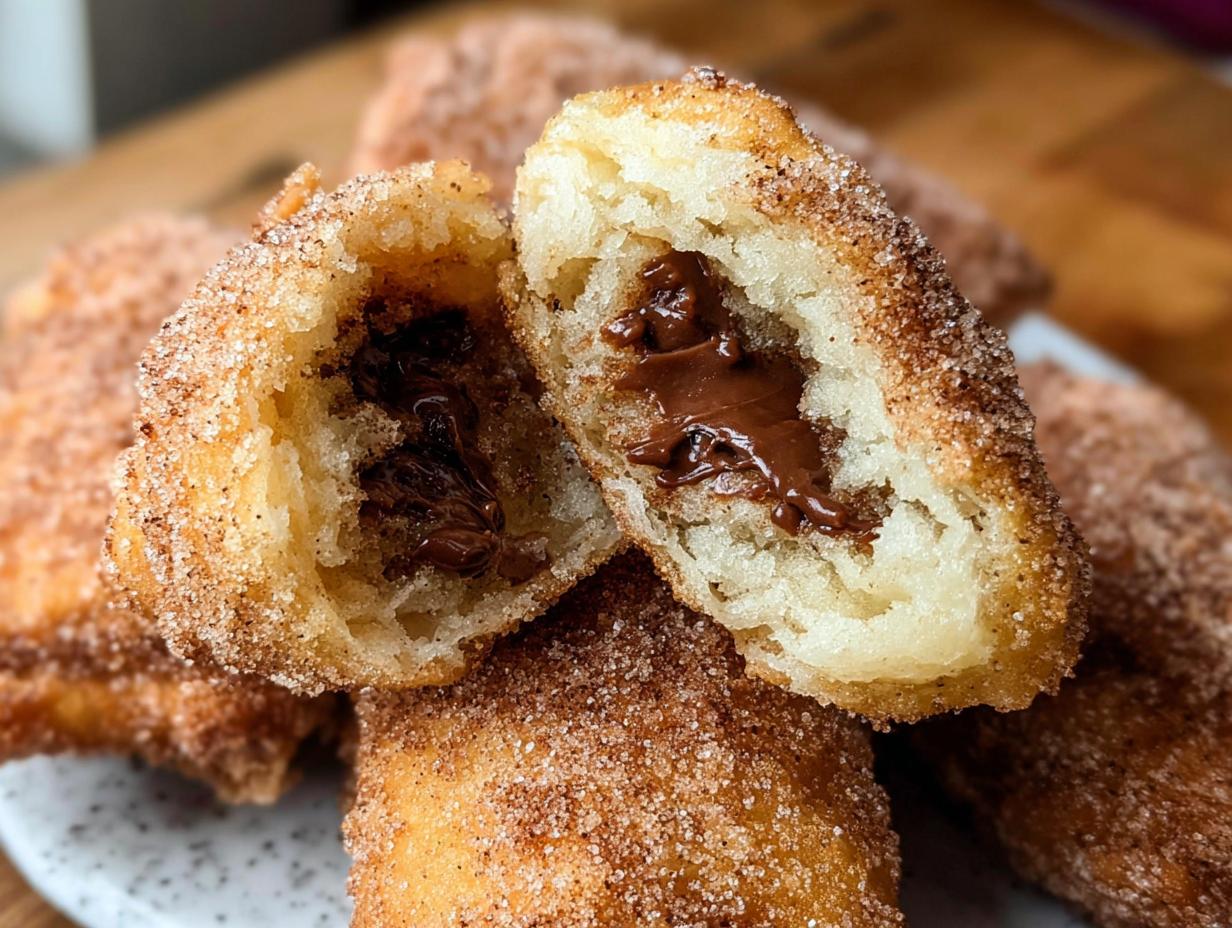 A close-up of a homemade churro bite cut in half, revealing a gooey Nutella filling. The churro is coated in cinnamon sugar.
