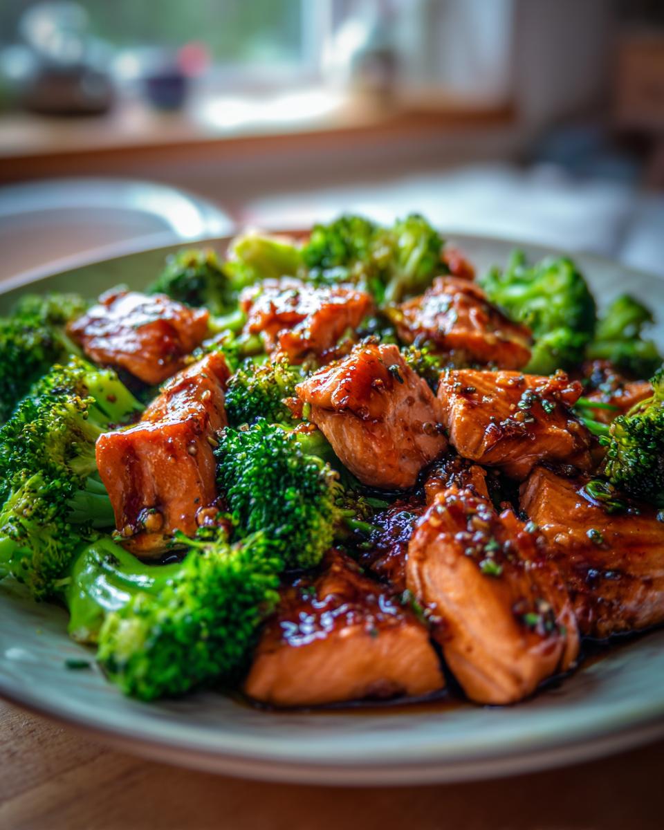 Close-up of juicy honey garlic salmon pieces served with vibrant green broccoli florets on a plate.