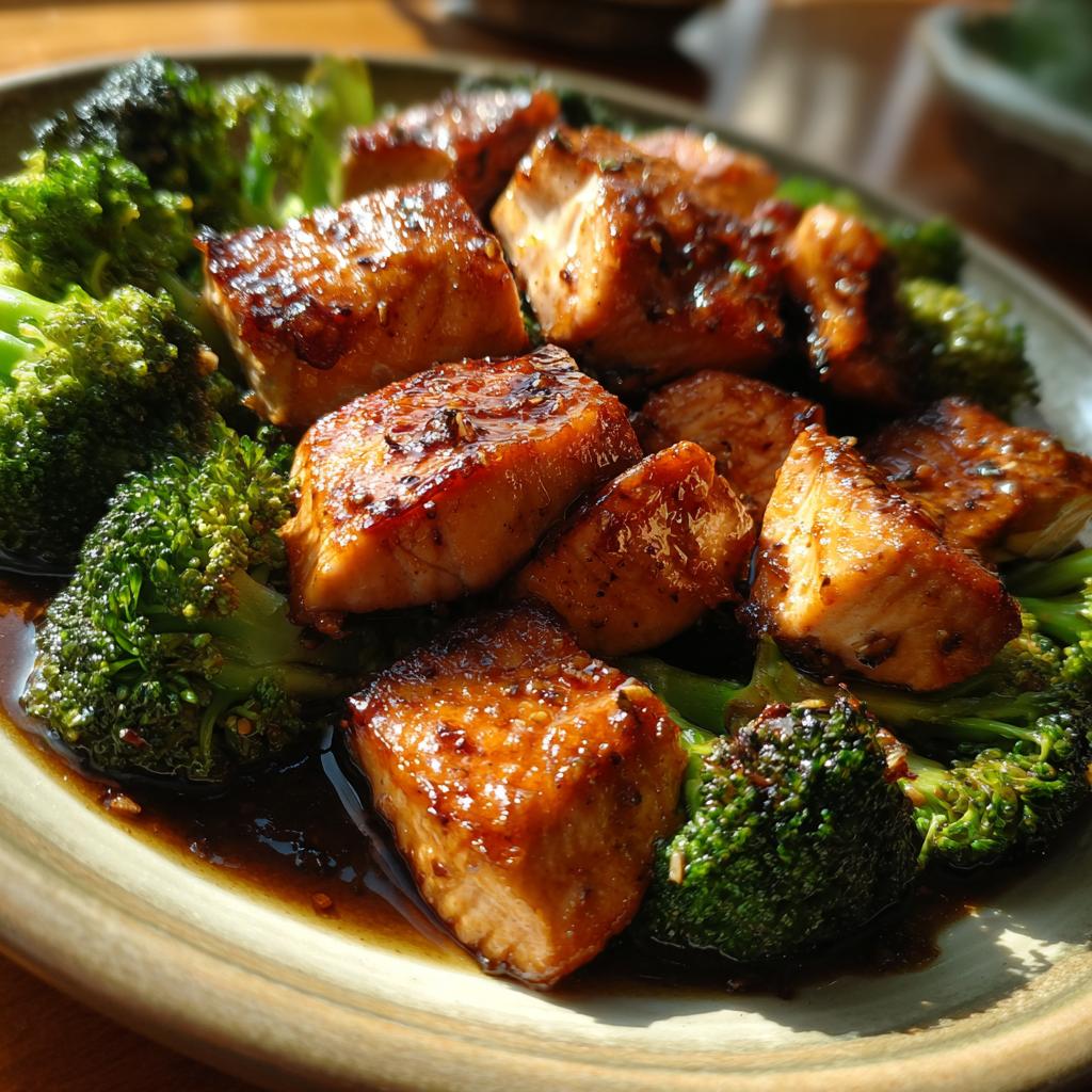 Close-up of glazed honey garlic salmon pieces served with bright green broccoli florets, part of easy dinner recipes.