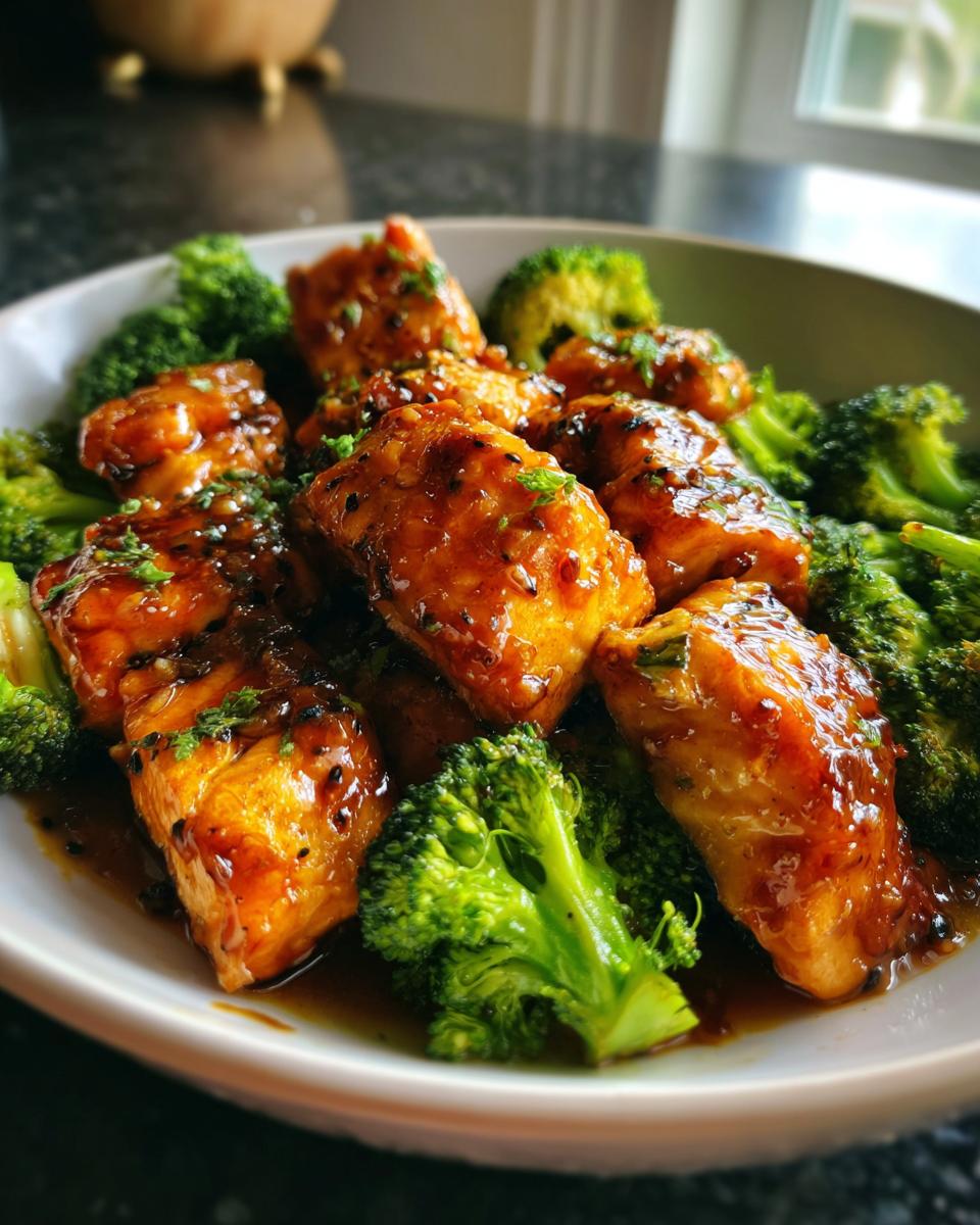 Close-up of glazed honey garlic salmon pieces served with bright green broccoli florets in a white bowl.