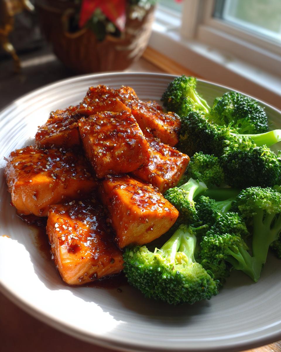 A plate of glistening honey garlic salmon pieces served with vibrant steamed broccoli florets, showcasing an easy dinner recipe.
