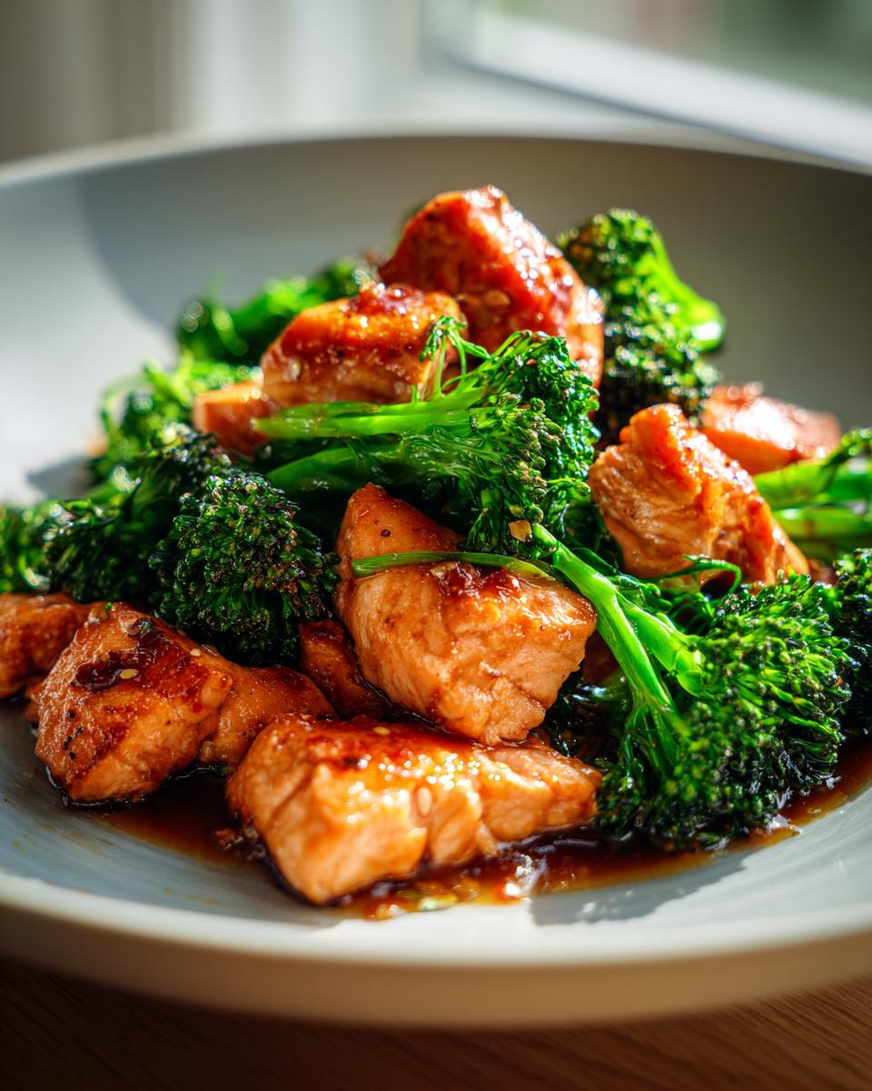 Close-up of honey garlic salmon pieces mixed with tender broccoli florets in a glossy sauce.