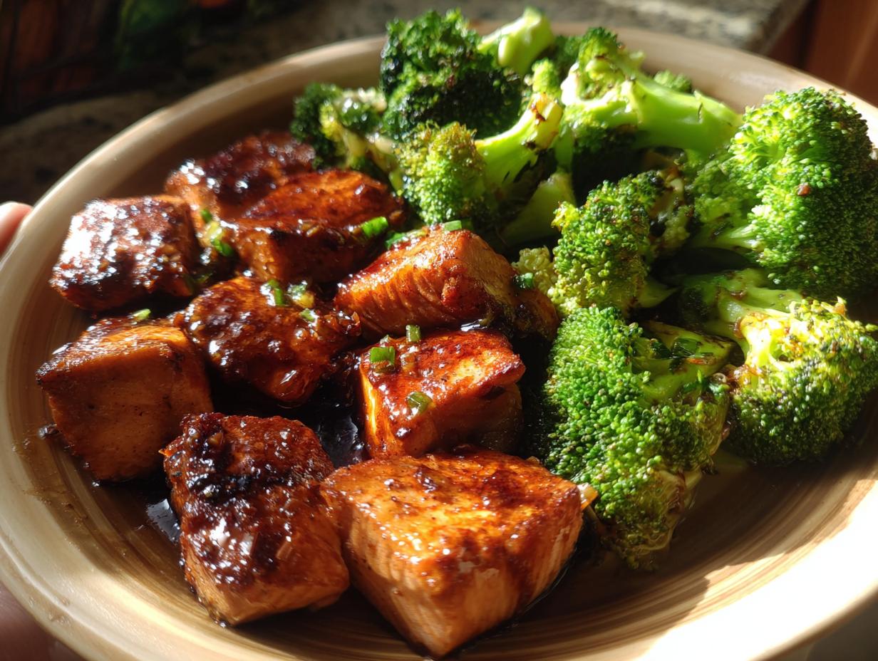 Close-up of glazed honey garlic salmon bites and steamed broccoli florets in a bowl.