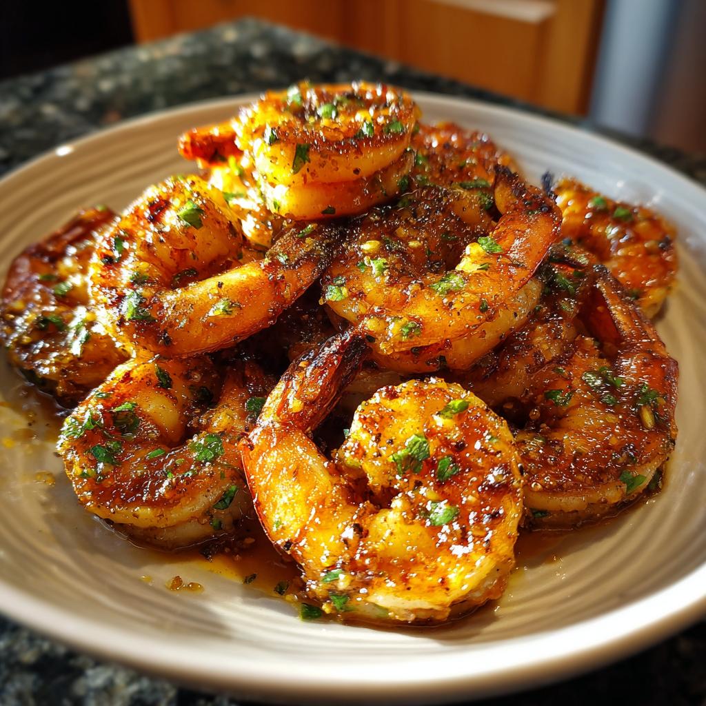 A plate of glistening honey lime shrimp, seasoned and garnished with herbs, perfect for fast grilling recipes.