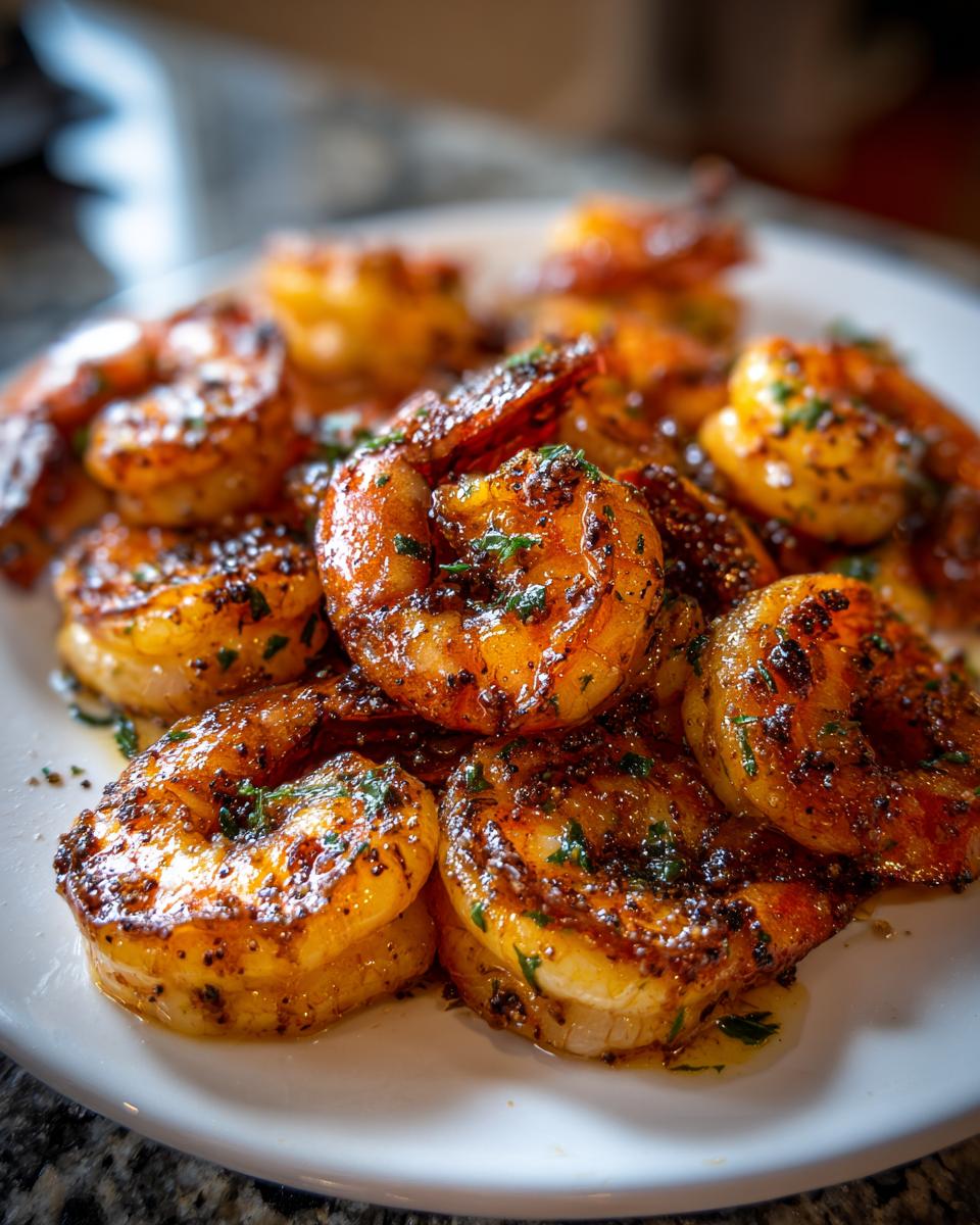 A close-up of a plate piled high with glistening, grilled honey lime shrimp, garnished with fresh parsley.